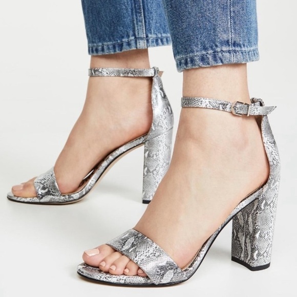 Sam Edelman Snakeskin Yaro Block Heeled Ankle Strap Sandals Silver Pumps 7 - Picture 1 of 15